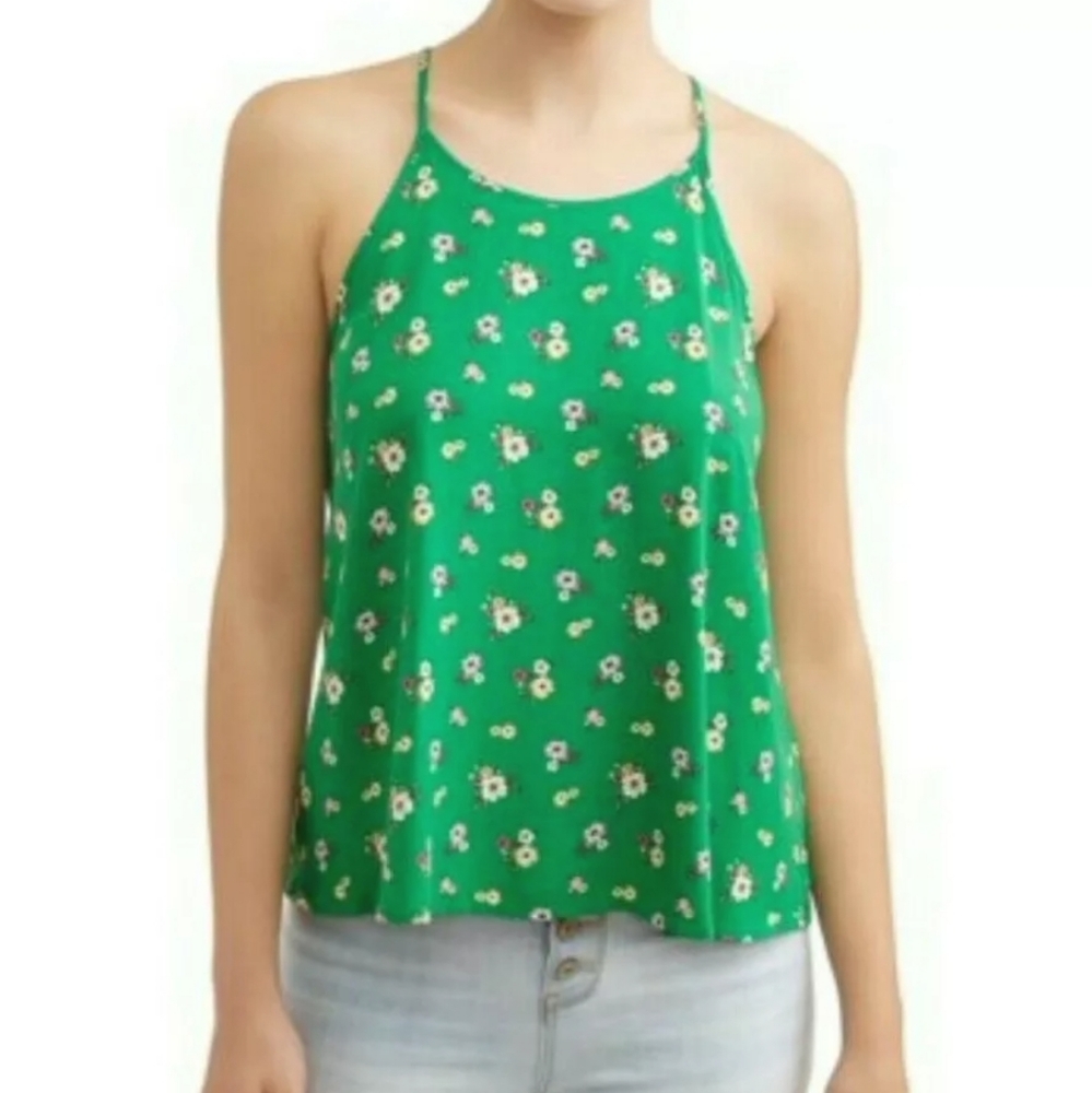 LAST CHANCE No Boundaries Green High Neck Halter Floral Tank Top XS